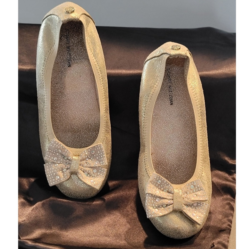 Stuart Weitzman Girls Gold Metallic Rhinestone‎ Bow Ballet Flats Fanre Jewel 3